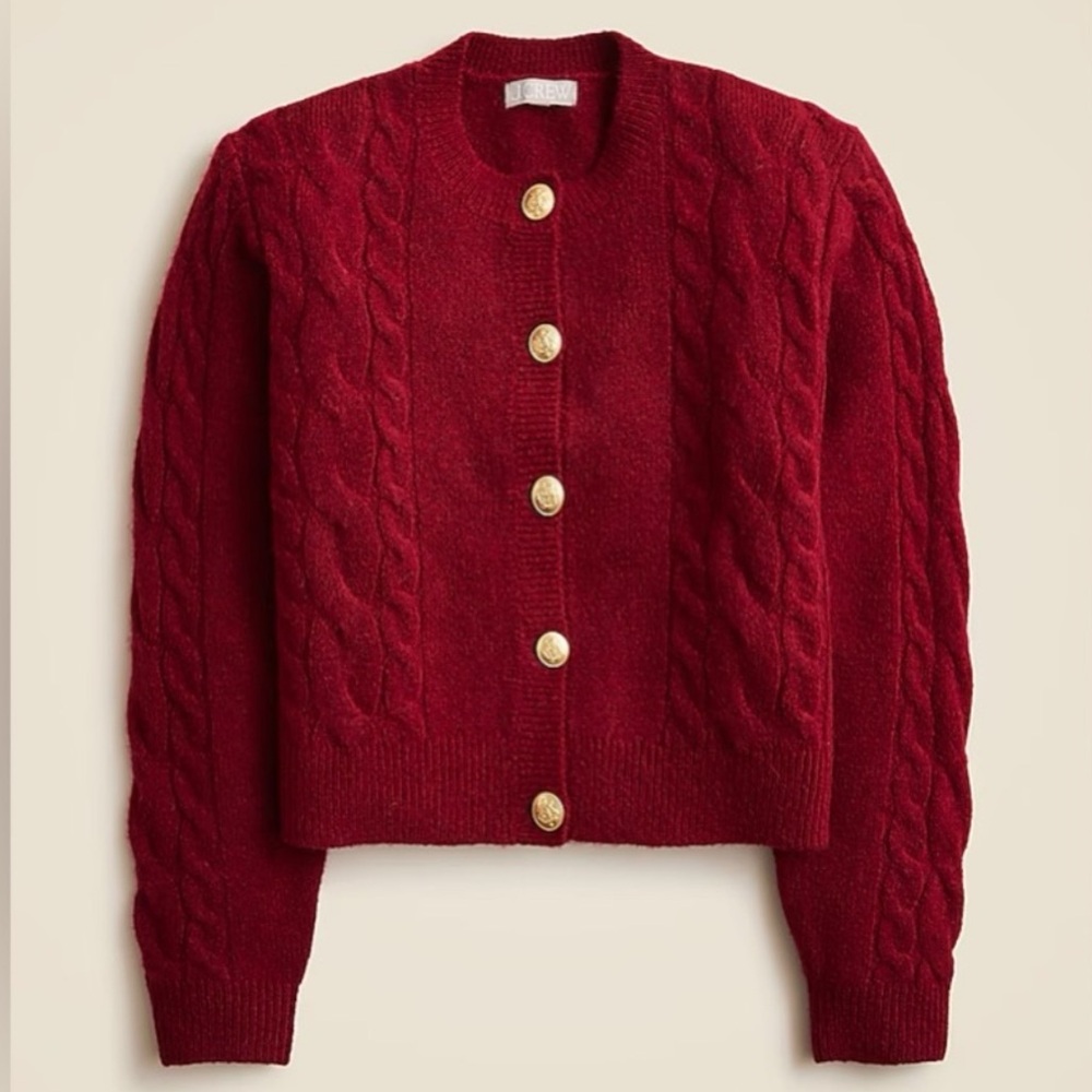 J Crew Cable-Knit Cardigan Sweater in Dark Red | NWT